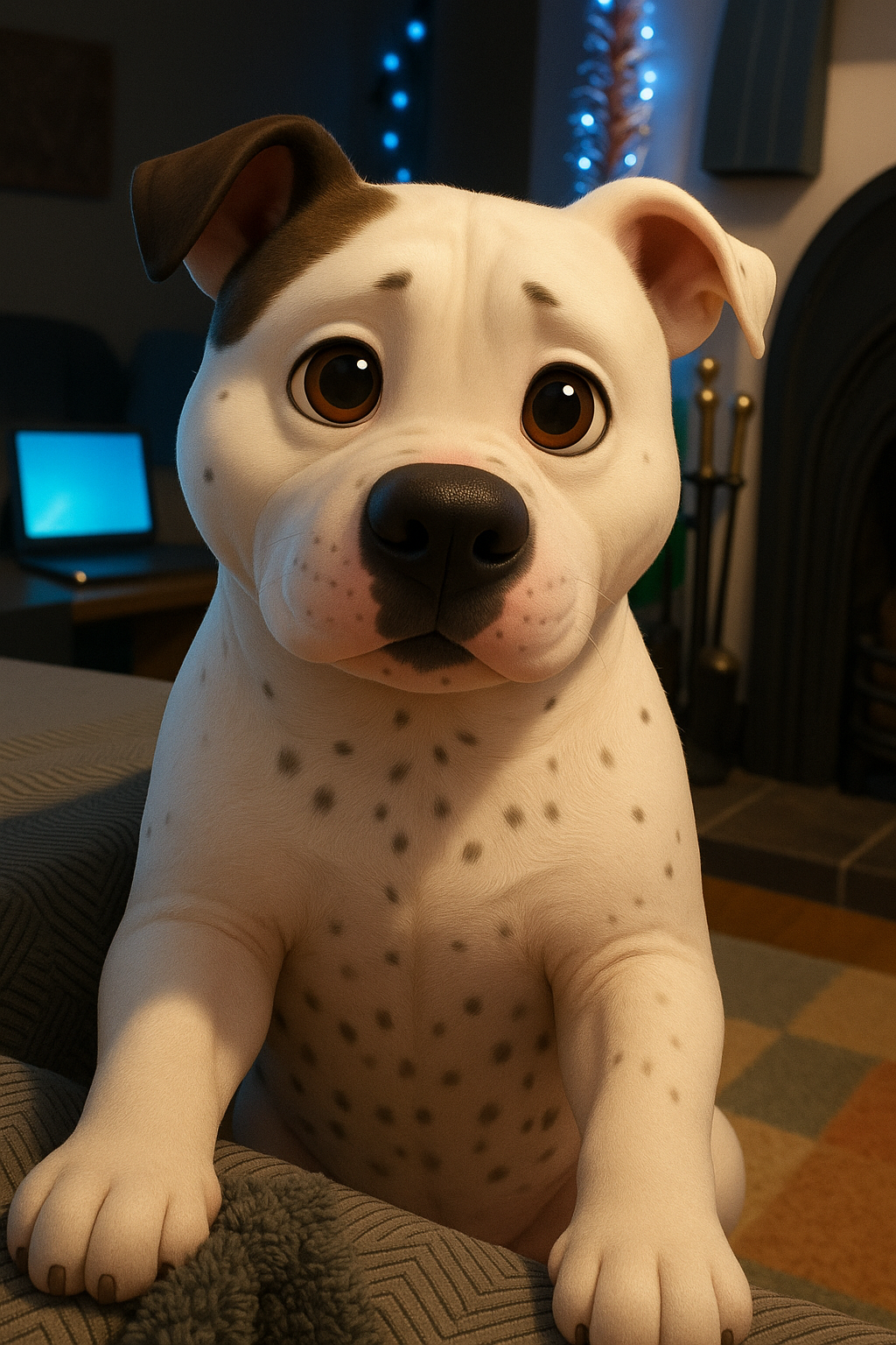 A life-like animated dog with brown eyes, asymmetric brown patch on one ear, and black spots on white fur, sitting indoors with background lights and furniture.