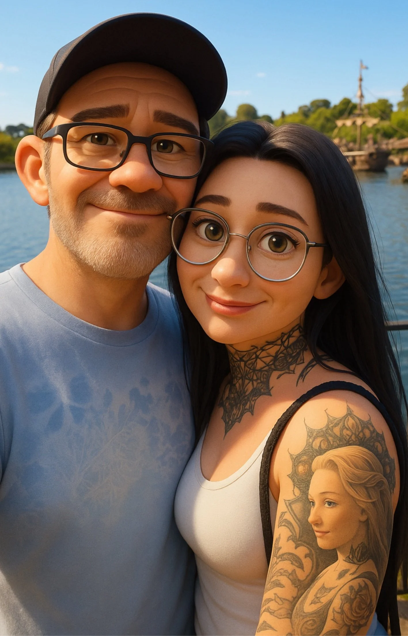 A smiling man and woman taking a selfie outdoors near a body of water, with trees and a ship in the background.