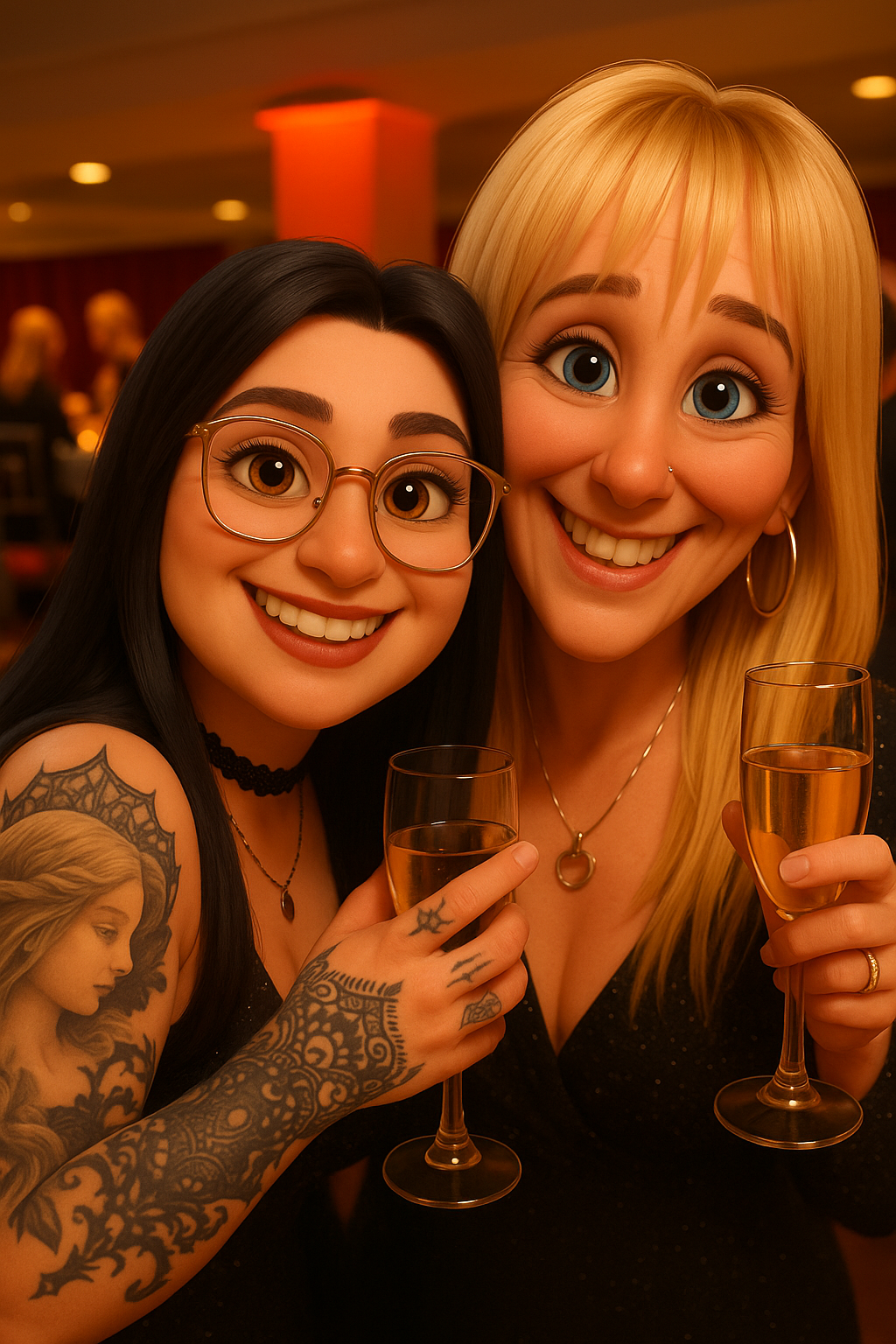 Two women smiling and holding glasses of champagne at a social event or party.