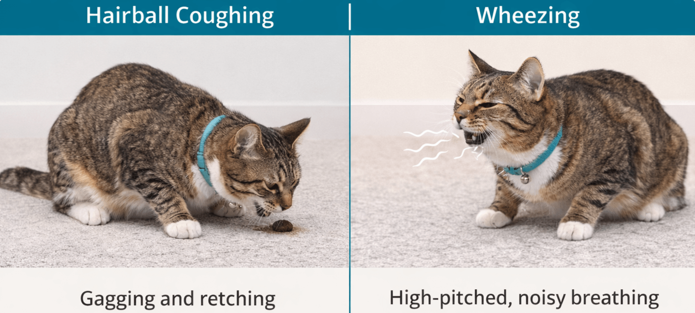 Visual representation of feline wheezing and cat hairball gagging