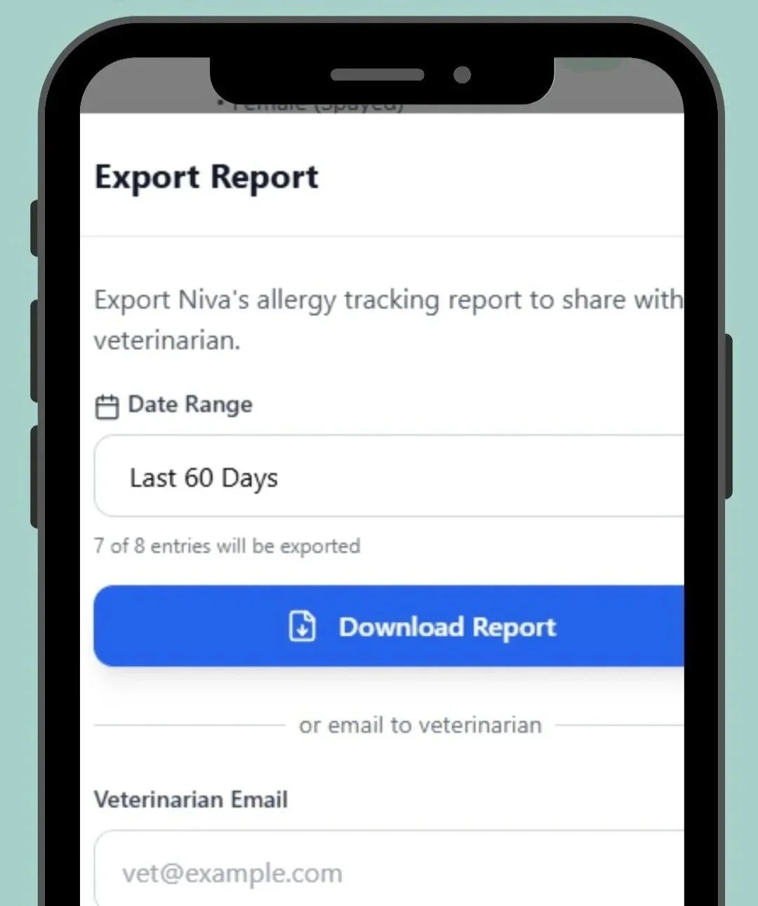 Mobile display of an export report screen for sharing a pet allergy tracking report with a veterinarian, showing a date range of the last 60 days and an option to download the report.