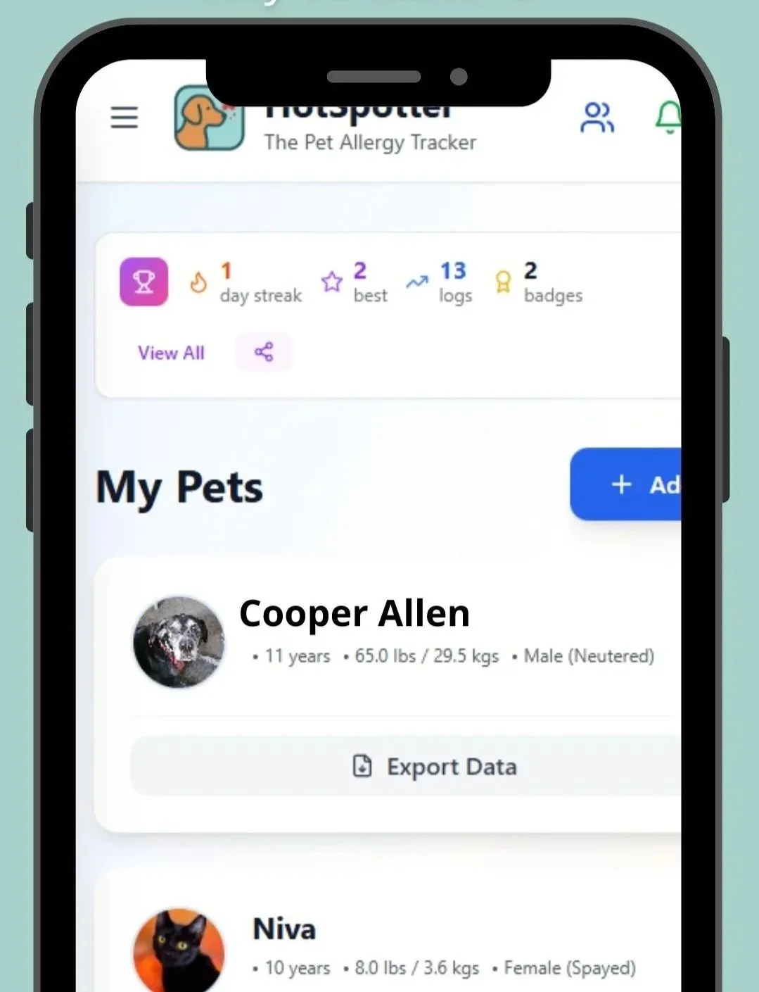 Mobile app displaying pet allergy tracker with section for pets, showing details for a dog named Cooper Allen and a cat named Niva.