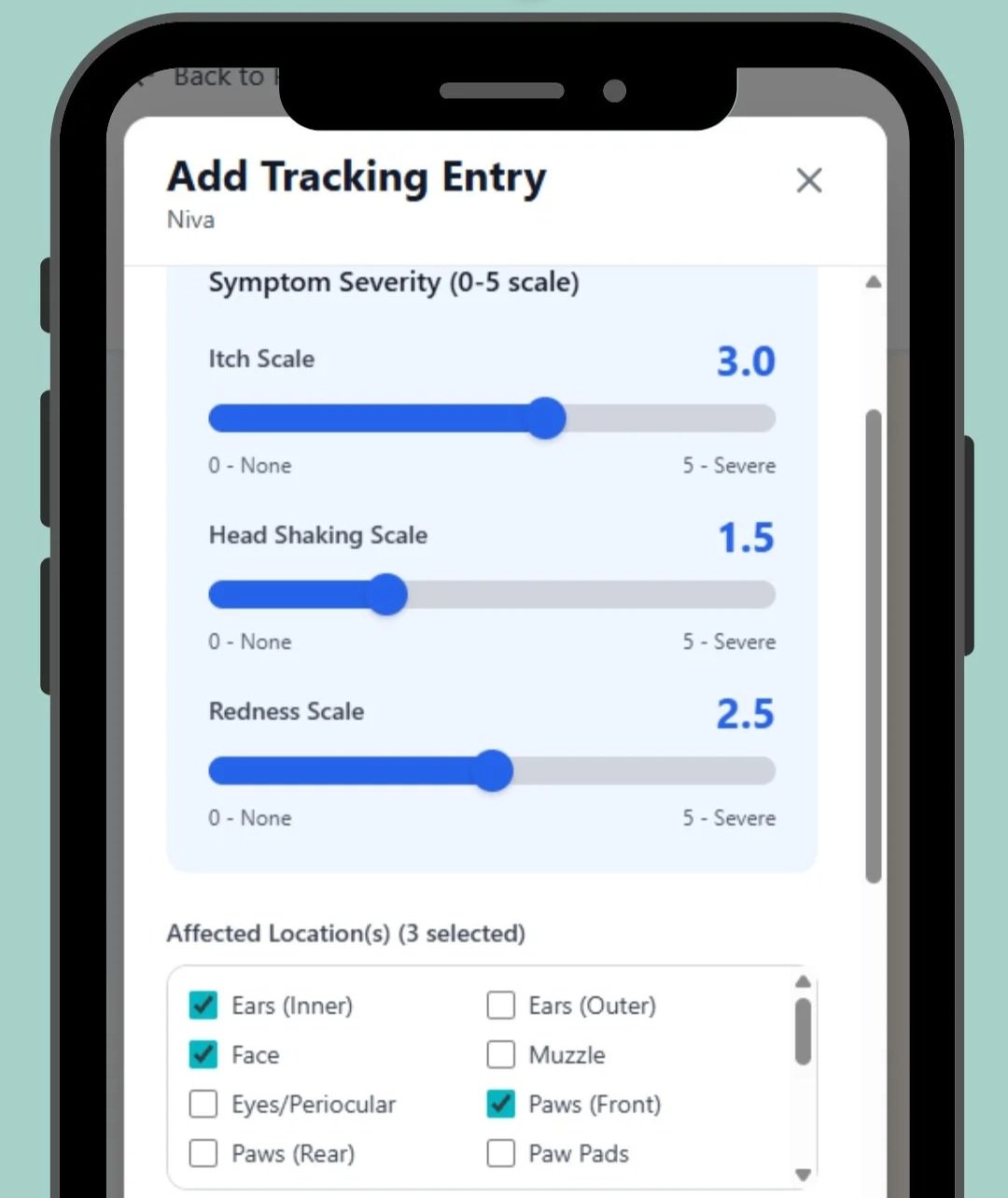 Mobile app interface screen showing health tracking form for symptoms, with sliders for itch, head shaking, and redness severity, and selected affected areas including ears, face, and paws.