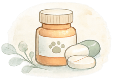 Illustration of a bottle of pet medication and two pills, with a sprig of eucalyptus standing for chronic allergy medications and constant treatment needed for pet skin and itch allergies