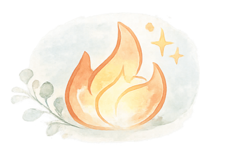 Watercolor illustration of a flame with star accents surrounding it simulating pet allergy flares and cycle