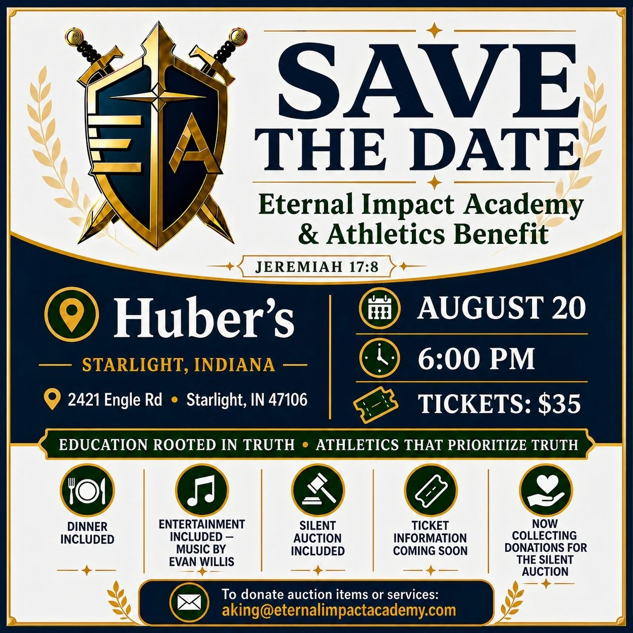 We still have one more EIA Info Meeting coming up on May 16 at Lincoln Hills, but go ahead and SAVE THE DATE for a fun night at Huber&rsquo;s on August 20! 
Join us for the Eternal Impact Academy &amp; Athletics Benefit &mdash; an evening with dinner