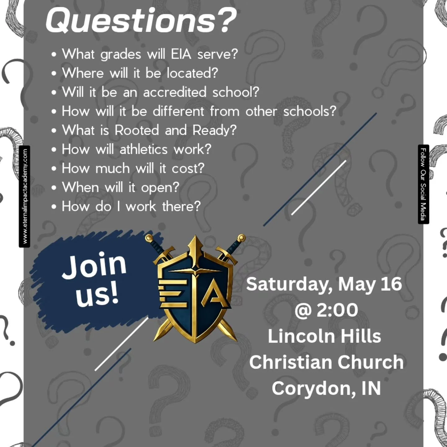 Questions about EIA? We&rsquo;ve been hearing a lot of great ones &mdash; and we want to answer them clearly!

Join us for our next EIA Info Meeting! We would love to share the vision, explain the next steps, and help you see what Eternal Impact Acad