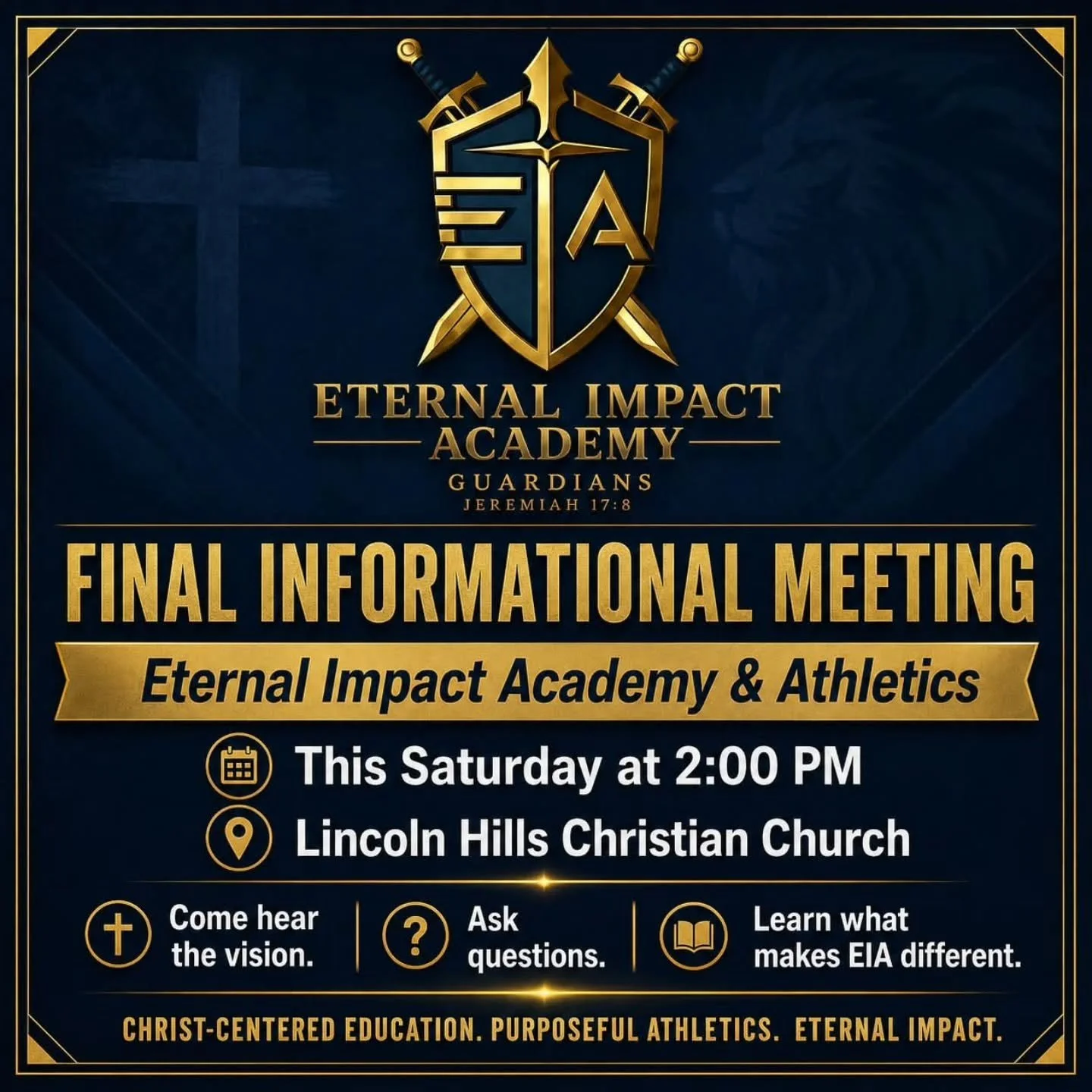 If you&rsquo;ve been curious, praying, considering, or just wanting to learn more, we would love to see you tomorrow at 2:00!

📍 Lincoln Hills Christian Church
⏰ Saturday at 2:00 PM

#EternalImpactAcademy #EternalImpactAthletics #EIA #ChristCentered