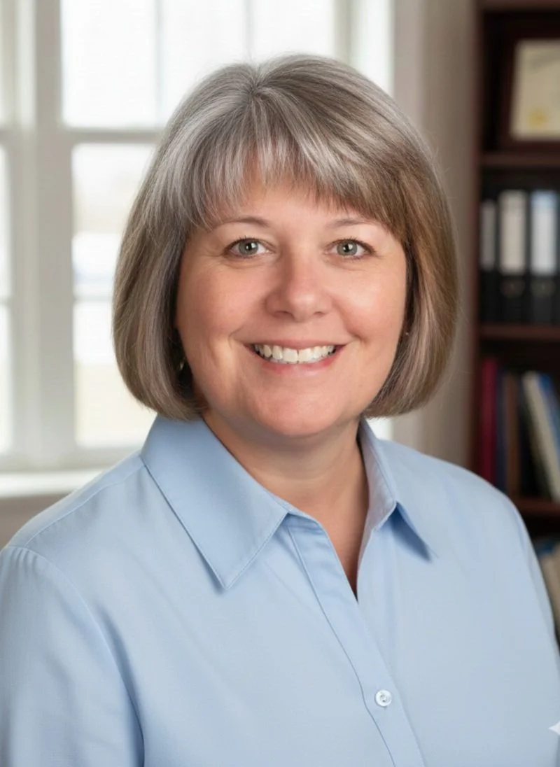 A woman with a short, gray bob haircut smiling, wearing a light blue collared shirt, in a room with a window and bookshelves in the background.
