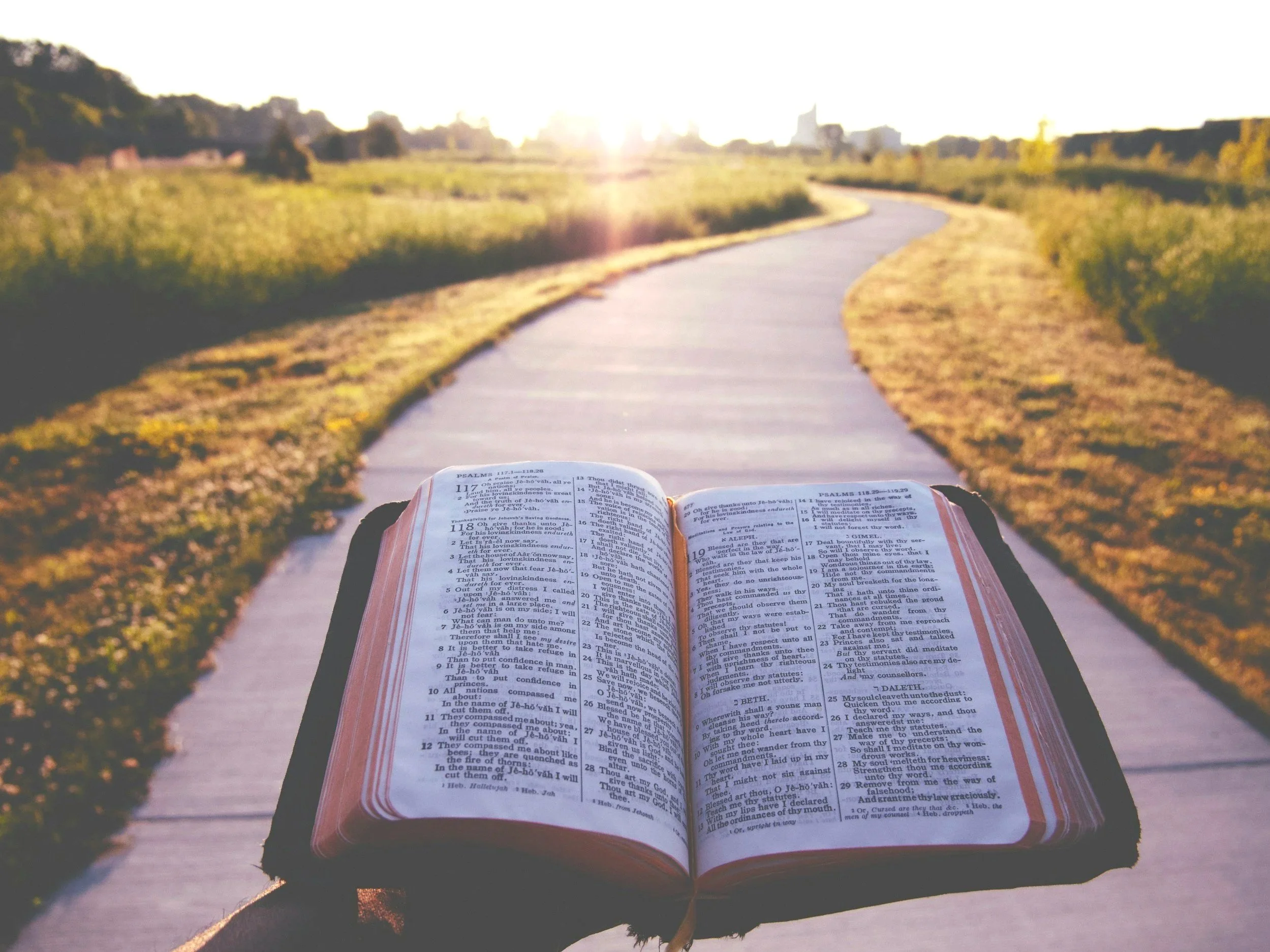 An open Bible resting on a blanket with a winding path and grassy landscape in the background, during sunset.