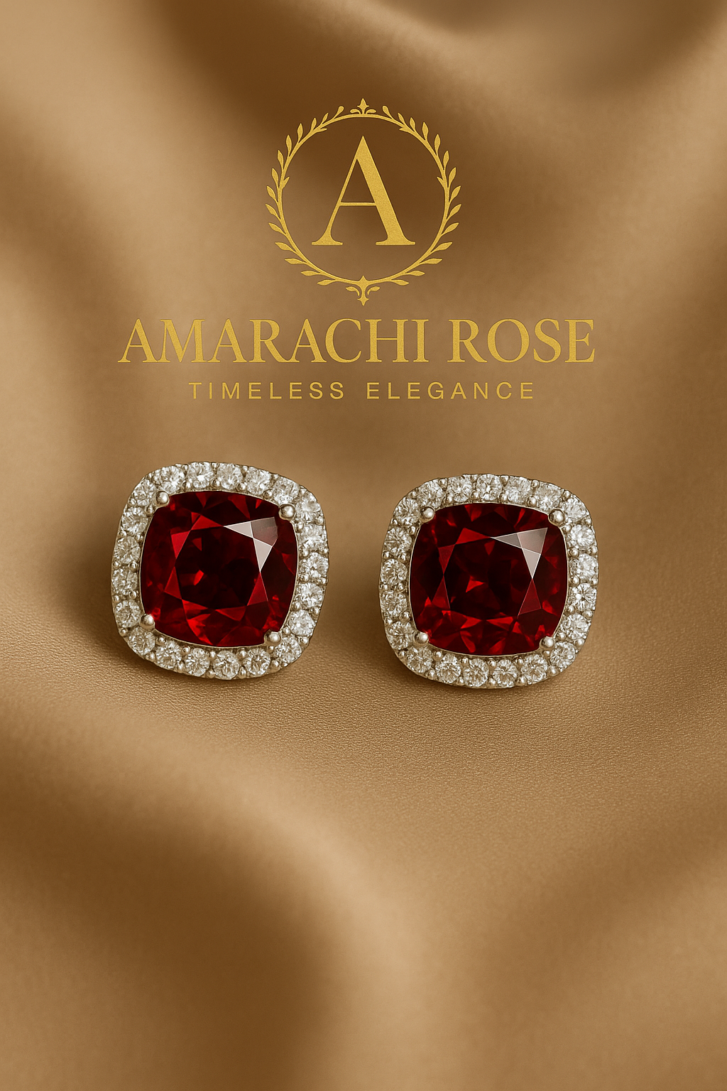 A pair of red gemstone earrings surrounded by small clear stones, displayed on a golden background with the text 'Amarachi Rose Timeless Elegance'.