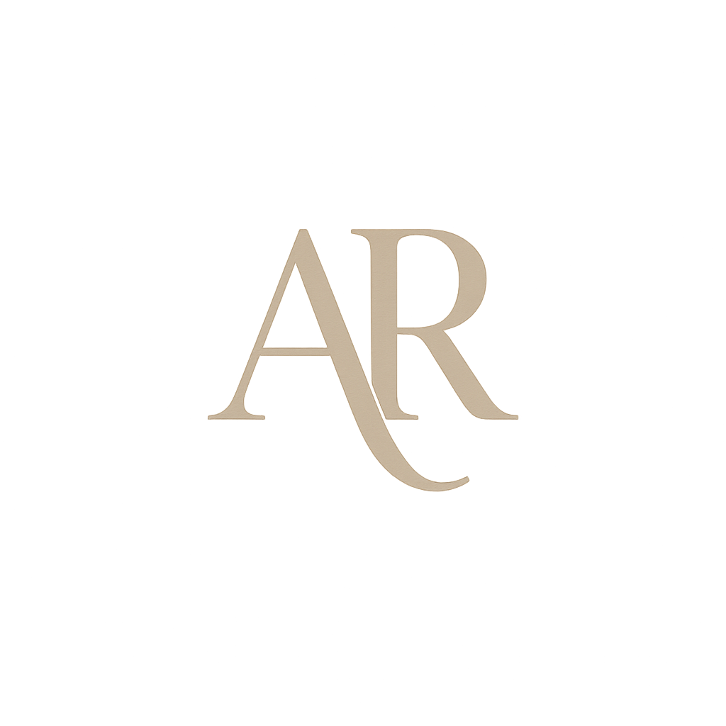 Black background with large beige letters 'AR' in the center.