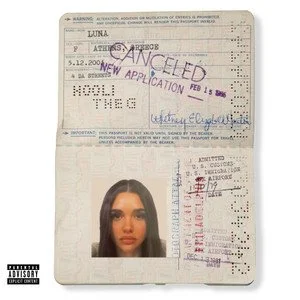 A government-issued ID card with a photo of a young woman, labeled Luna, with various stamps and signatures, and a note indicating a new application.