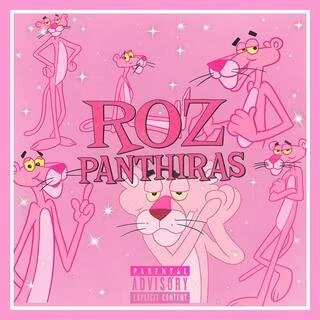 Pink background with cartoon versions of Roz, a pink mouse with glasses, from the movie 'Panthiras'. The title 'Roz Panthiras' is central, with multiple illustrations of Roz in various poses, all with a playful and animated style. Sparkles and stars are scattered around.