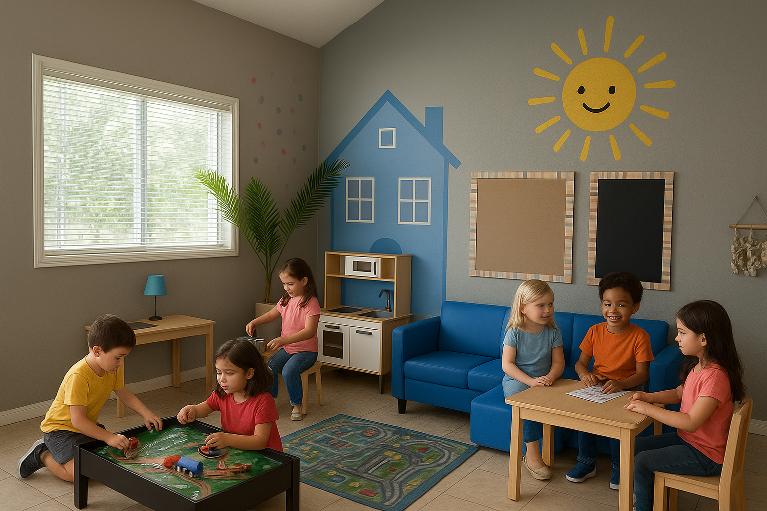 Children playing and drawing in a classroom with a blue couch, small play kitchen, and colorful wall decorations including a smiling sun.