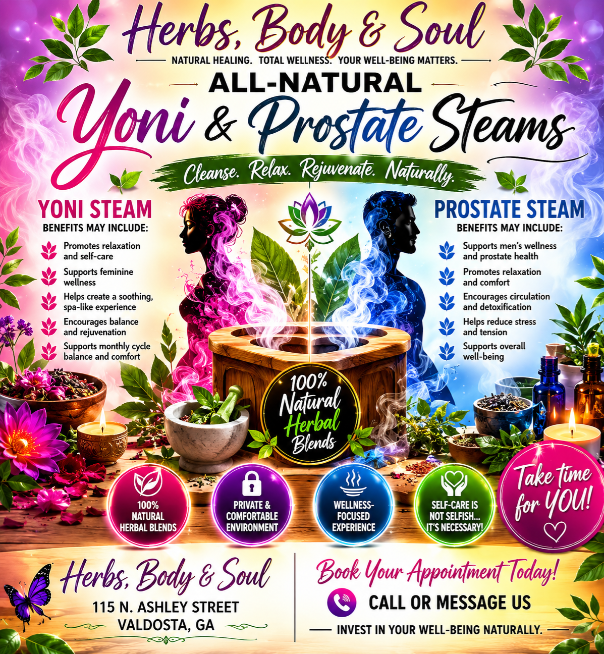 An advertisement for herbal steam treatments called Yoni Steam and Prostate Steam. The image features illustrations of a woman and a man surrounded by herbs, flowers, candles, and herbal bottles. The ad highlights benefits such as relaxation, wellness, detoxification, and stress reduction, emphasizing natural herbal blends and a private, comfortable environment at a wellness center in Valdosta, Georgia.