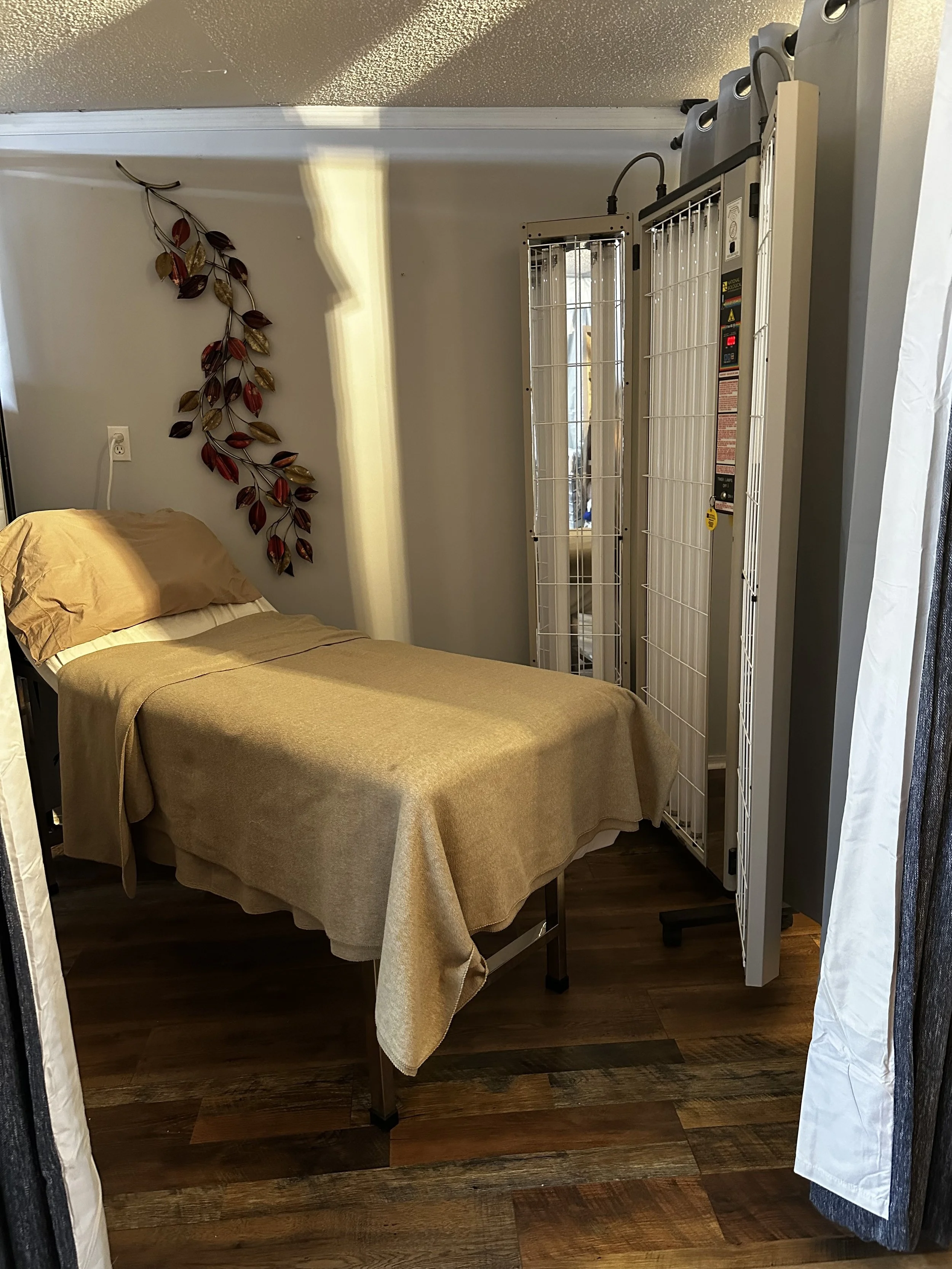 Room with a bed covered in a tan blanket and tan pillows, decorative metal wall art with colorful leaves, and a UV light sterilizer or sanitizer standing near the bed.
