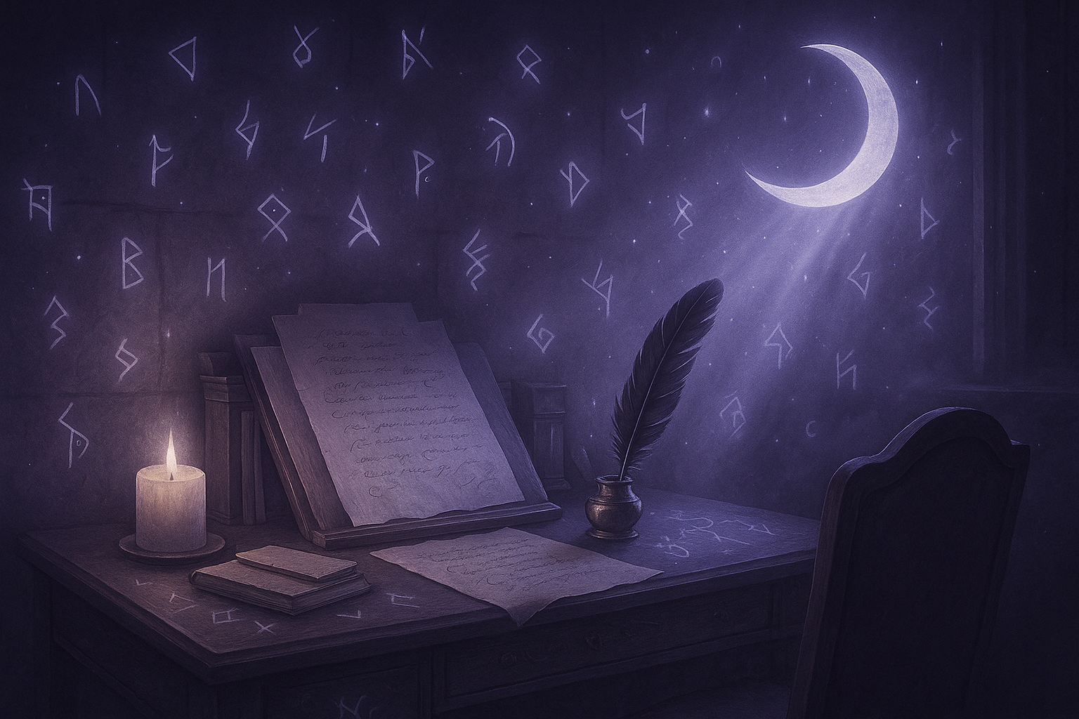 A dark wooden desk illuminated by a candle, with stacks of handwritten papers, a quill in a brass inkwell, and an open book. The background features a wall decorated with glowing runes, a window with a view of a crescent moon and a starry night sky, and beams of moonlight casting a mystical glow over the scene.