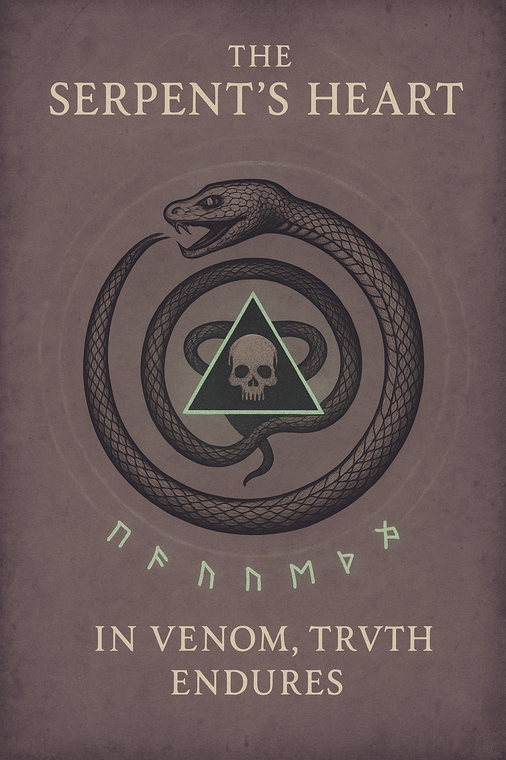 Book cover titled "The Serpent's Heart" with a coiled snake, a triangle with a skull inside, and runic symbols, with the subtitle "In Venom, Truth Endures."