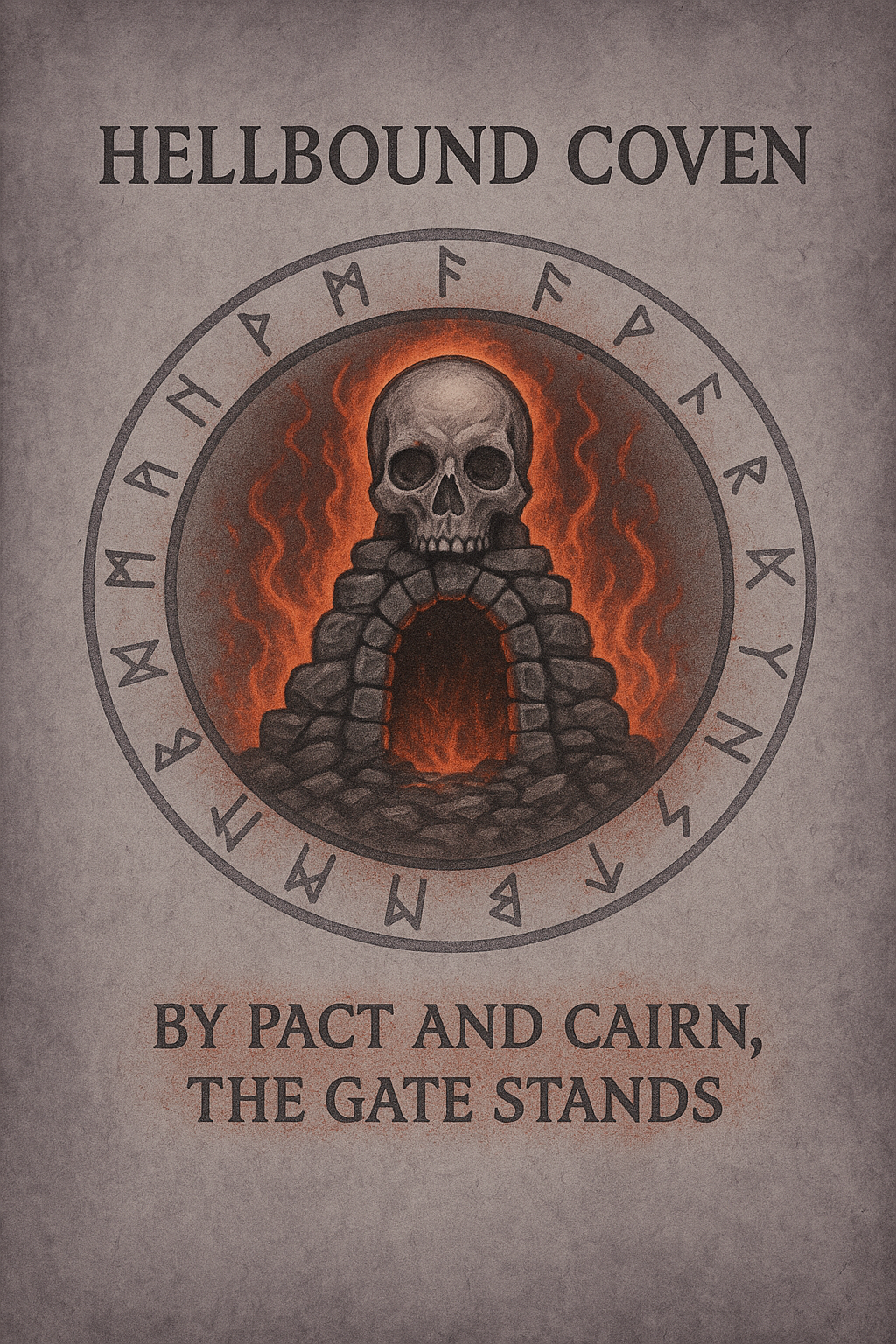 A graphic featuring a skull on top of a stone arch with fire in the background, surrounded by a circular rune-like border. The text reads "Hellbound Coven" at the top and "By Pact and Cairn, The Gate Stands" at the bottom.
