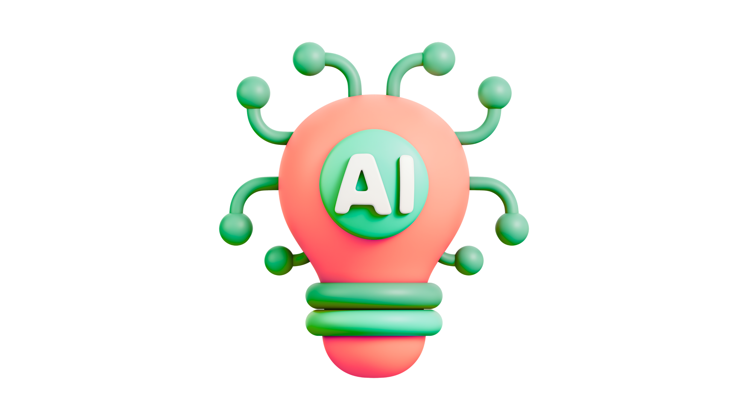 3D illustration of a light bulb with the letters 'AI' in the center, with circuit-like extensions surrounding the bulb.