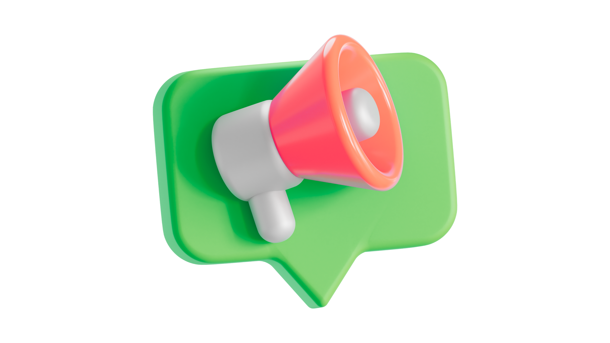 A 3D illustration of a red and white megaphone with a green speech bubble background.