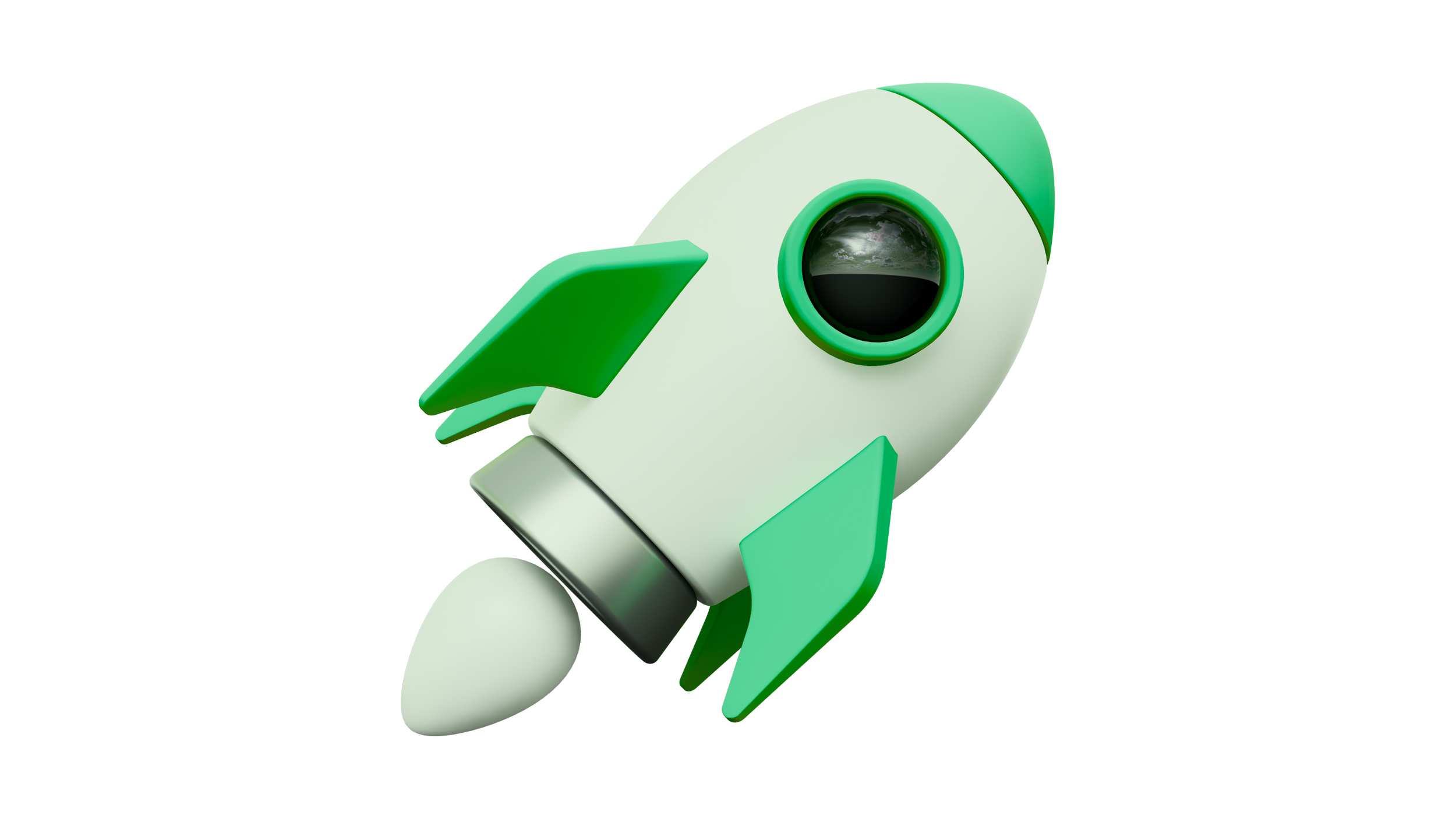 3D rendered graphic of a cartoon rocket with white, green, and gray parts, ascending against a black background.