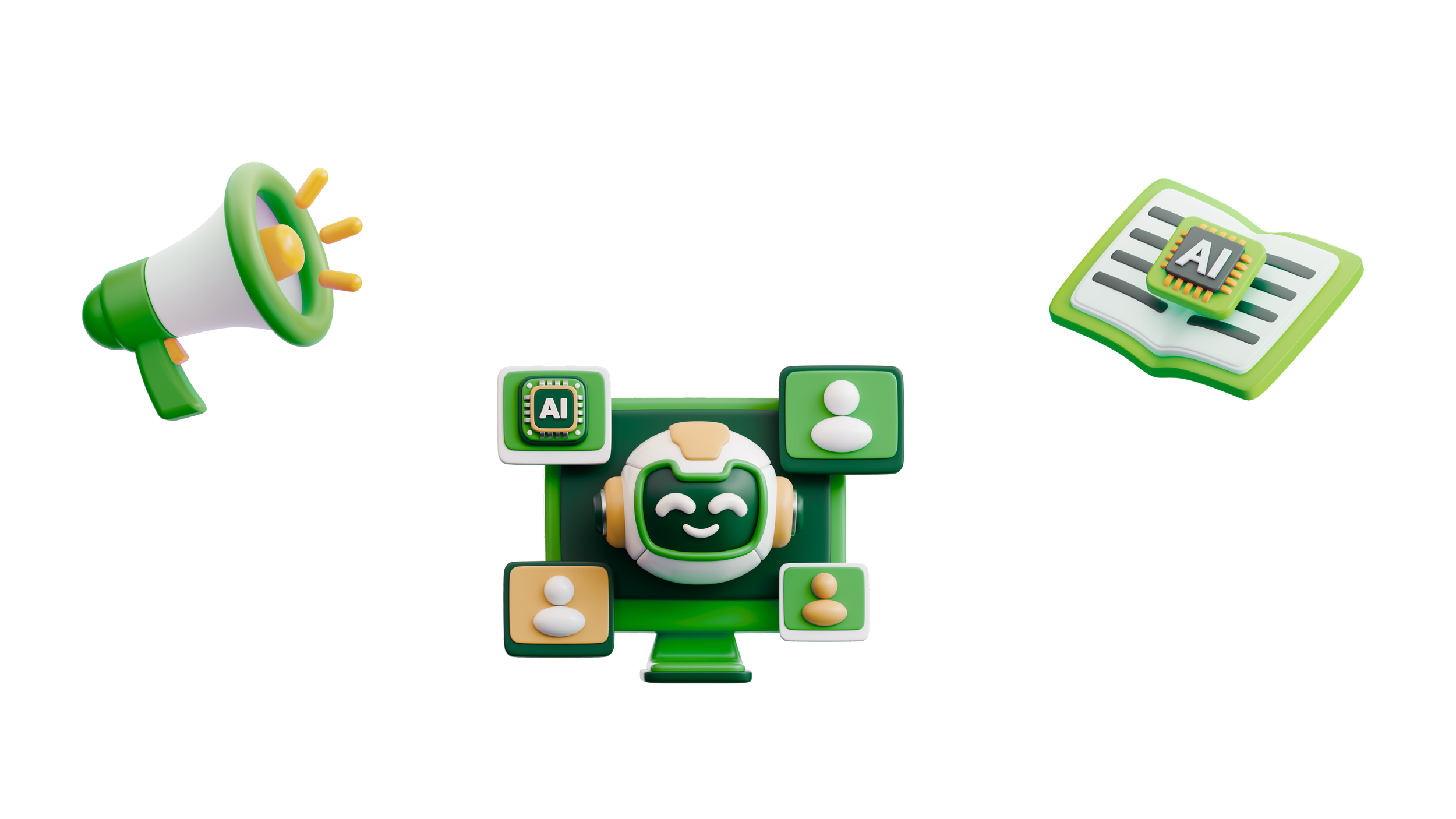 Digital illustration of a chatbot AI concept with a green and white chatbot face on a screen, surrounded by icons including a robot, a person, a book with AI in a microchip, and a megaphone emitting a red line