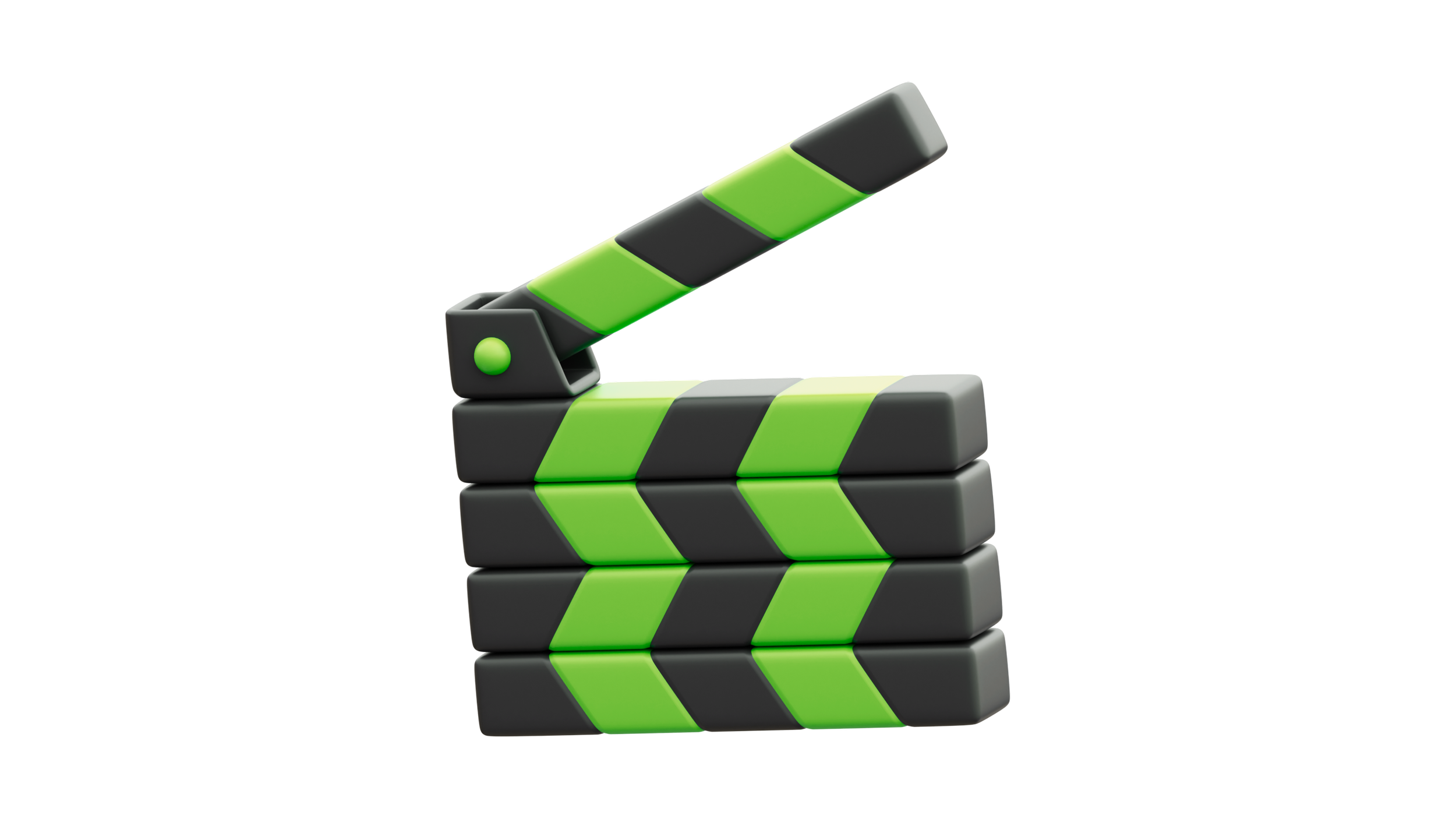 A 3D rendering of a movie clapperboard with a black and green color scheme against a black background.