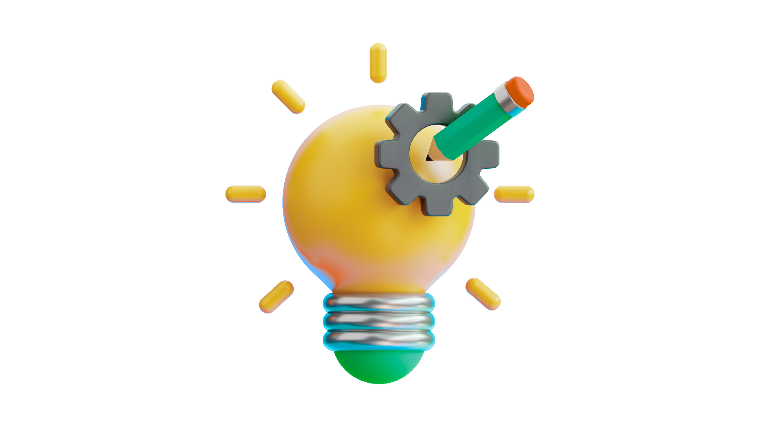 A digital illustration of a lightbulb with a gear and pencil attached, surrounded by small pills.