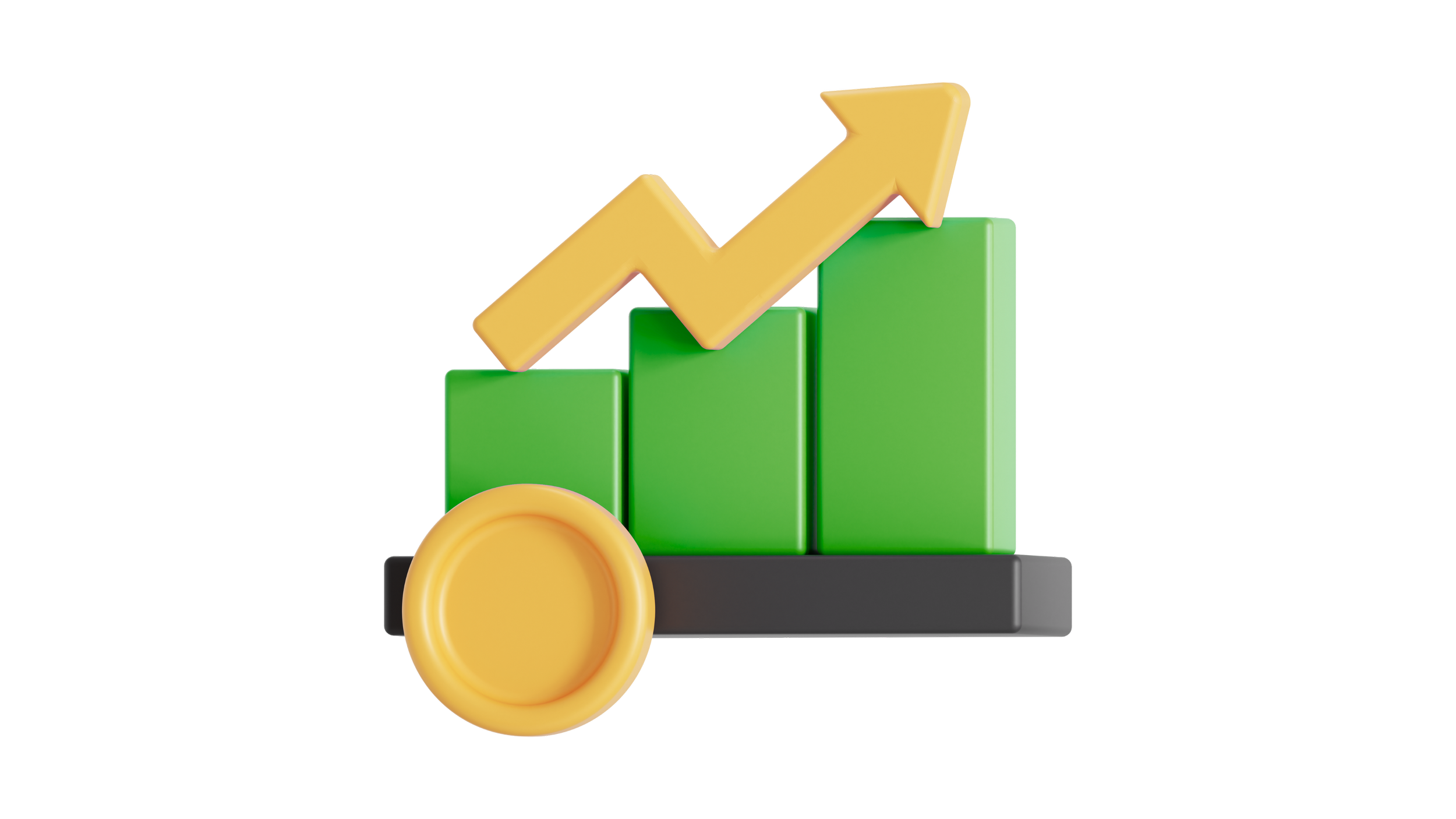 A green and black toy cart with yellow blocks and a yellow upward trending arrow on top, and a yellow coin at the front, representing growth or progress.