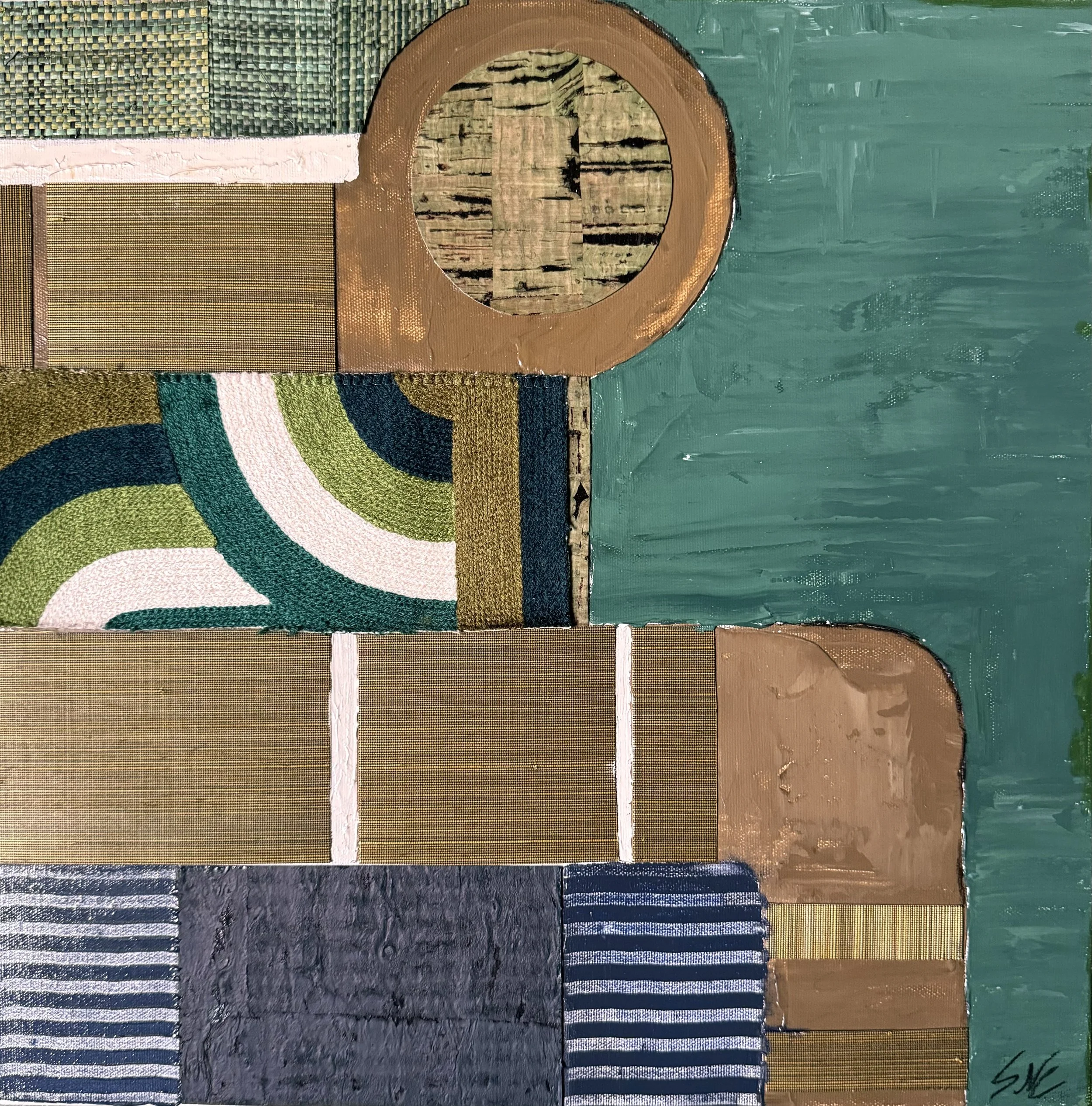 Abstract geometric artwork with blocks of textured and painted material in shades of brown, green, black, blue, gray, and white, arranged in a grid-like pattern with varying shapes and patterns.