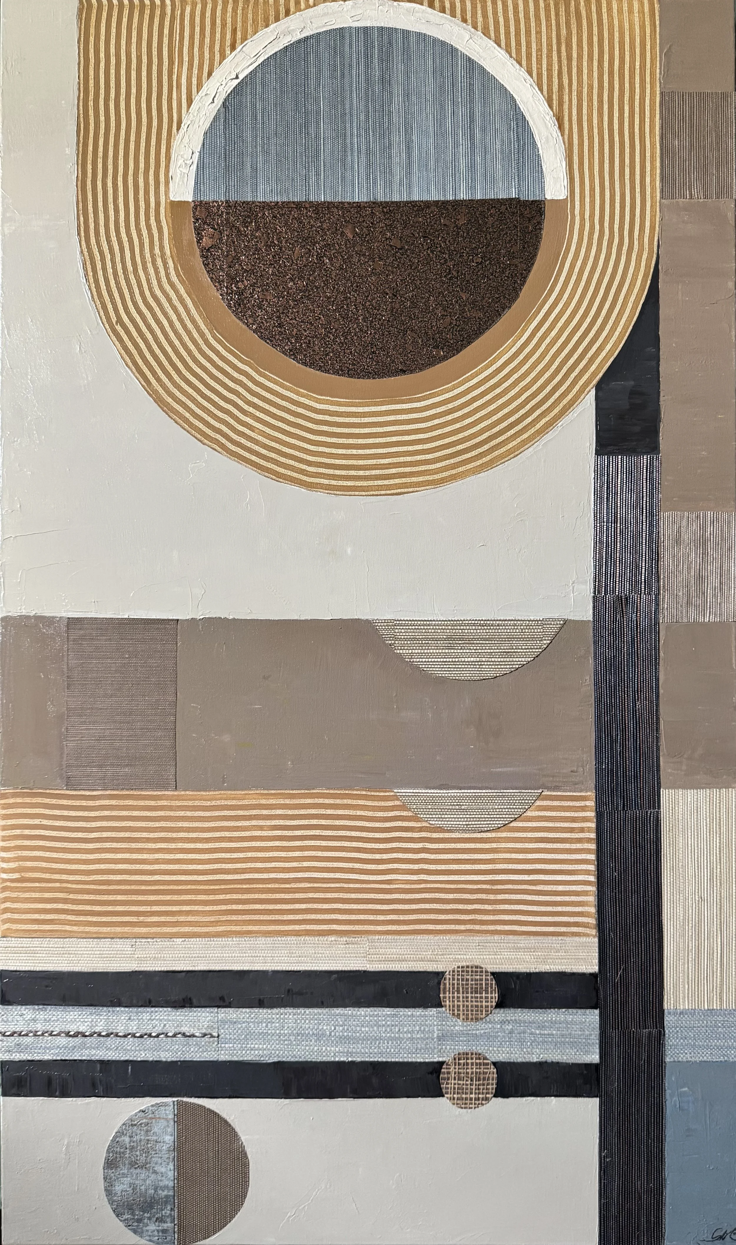 Abstract geometric artwork with circles, lines, and rectangles in earth tones, black, and metallic finishes.