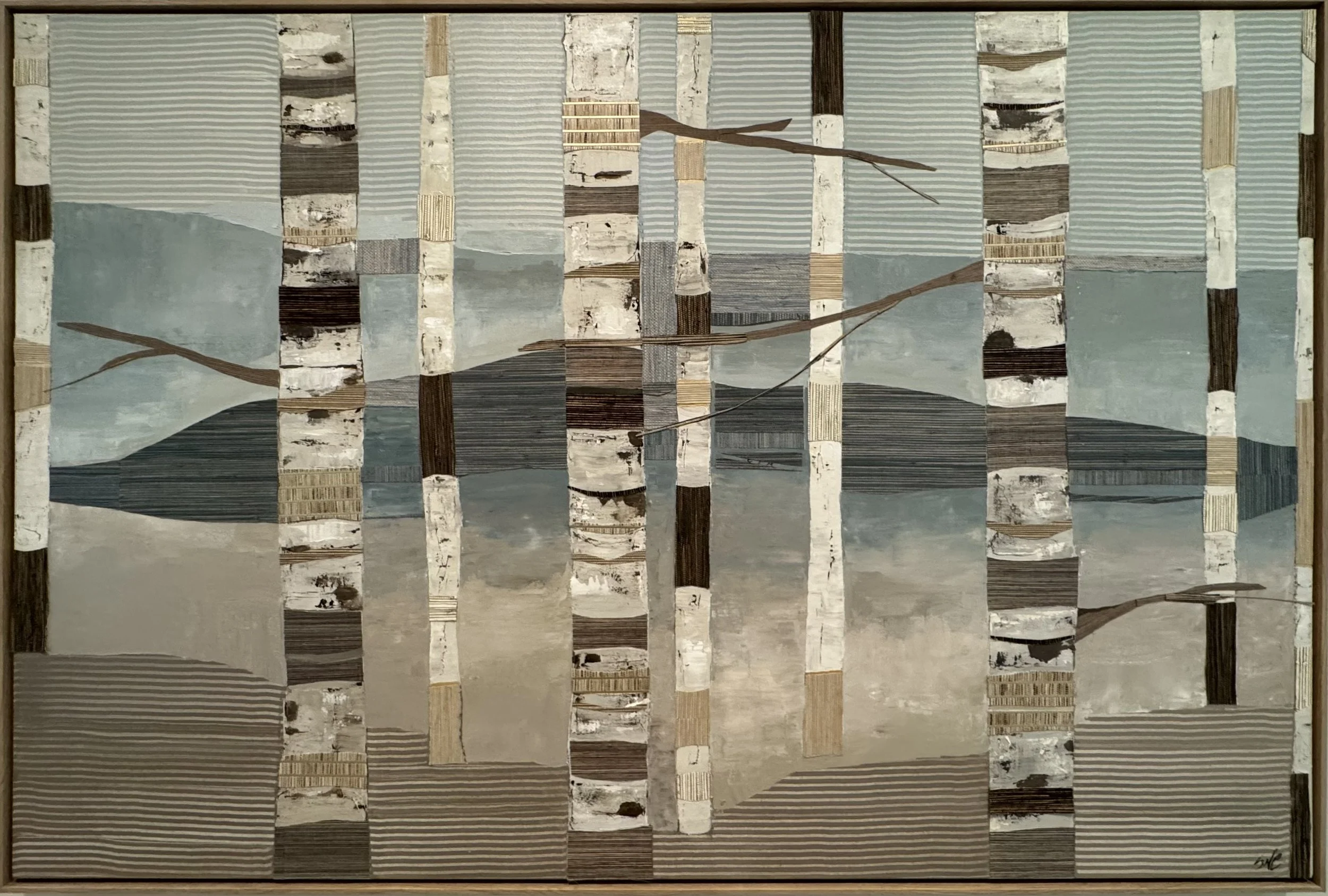 A painting of a landscape with tall, striped trees in front of distant mountains and a cloudy sky, in muted earthy tones.