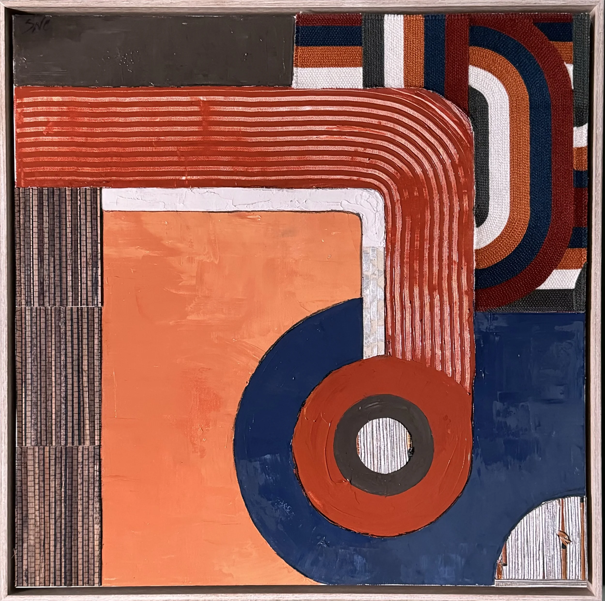 Abstract geometric painting with bold shapes and lines in red, orange, navy, black, white, and multicolored patterns.