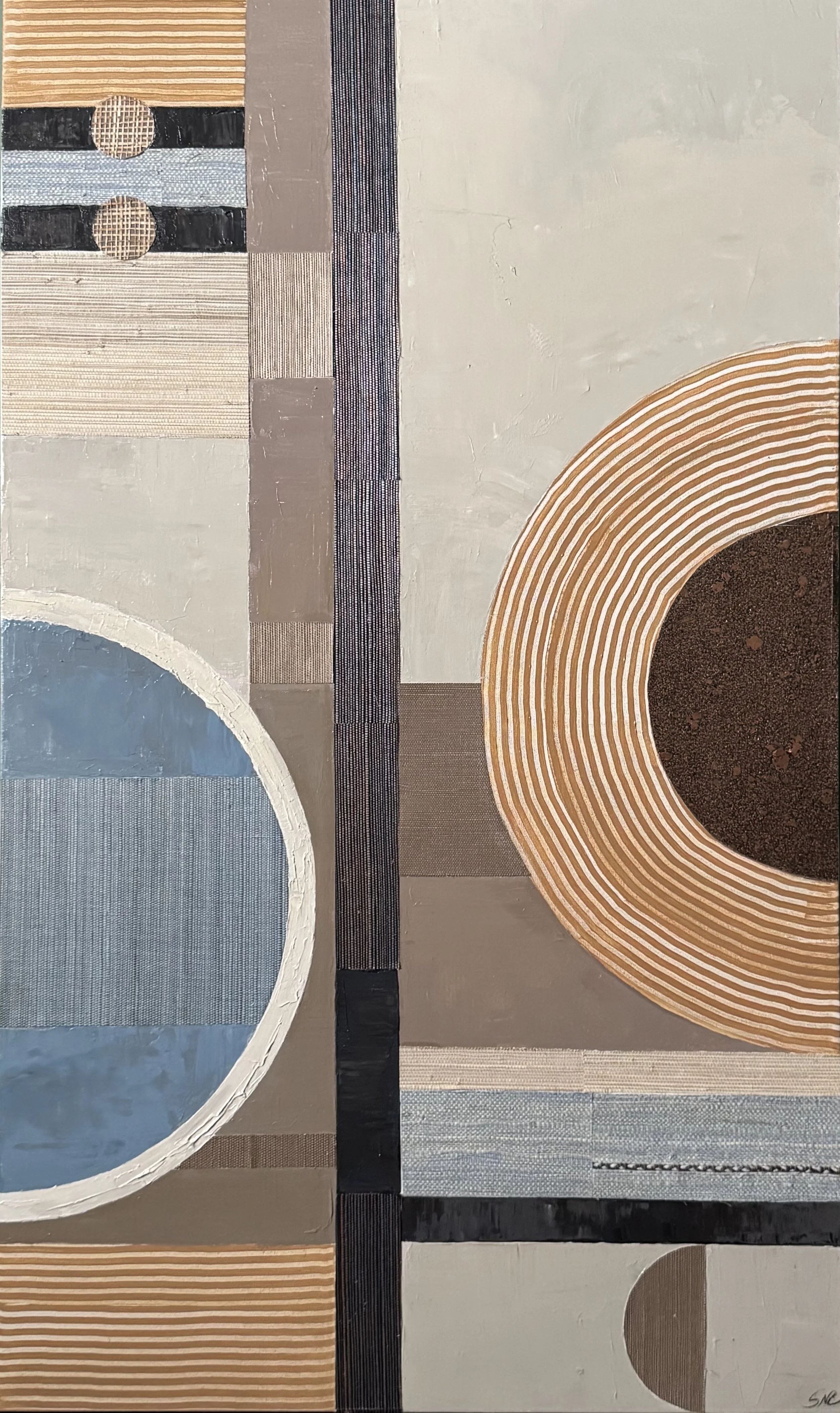 Abstract geometric painting featuring circles, rectangles, and lines in earth tones, blues, and grays.