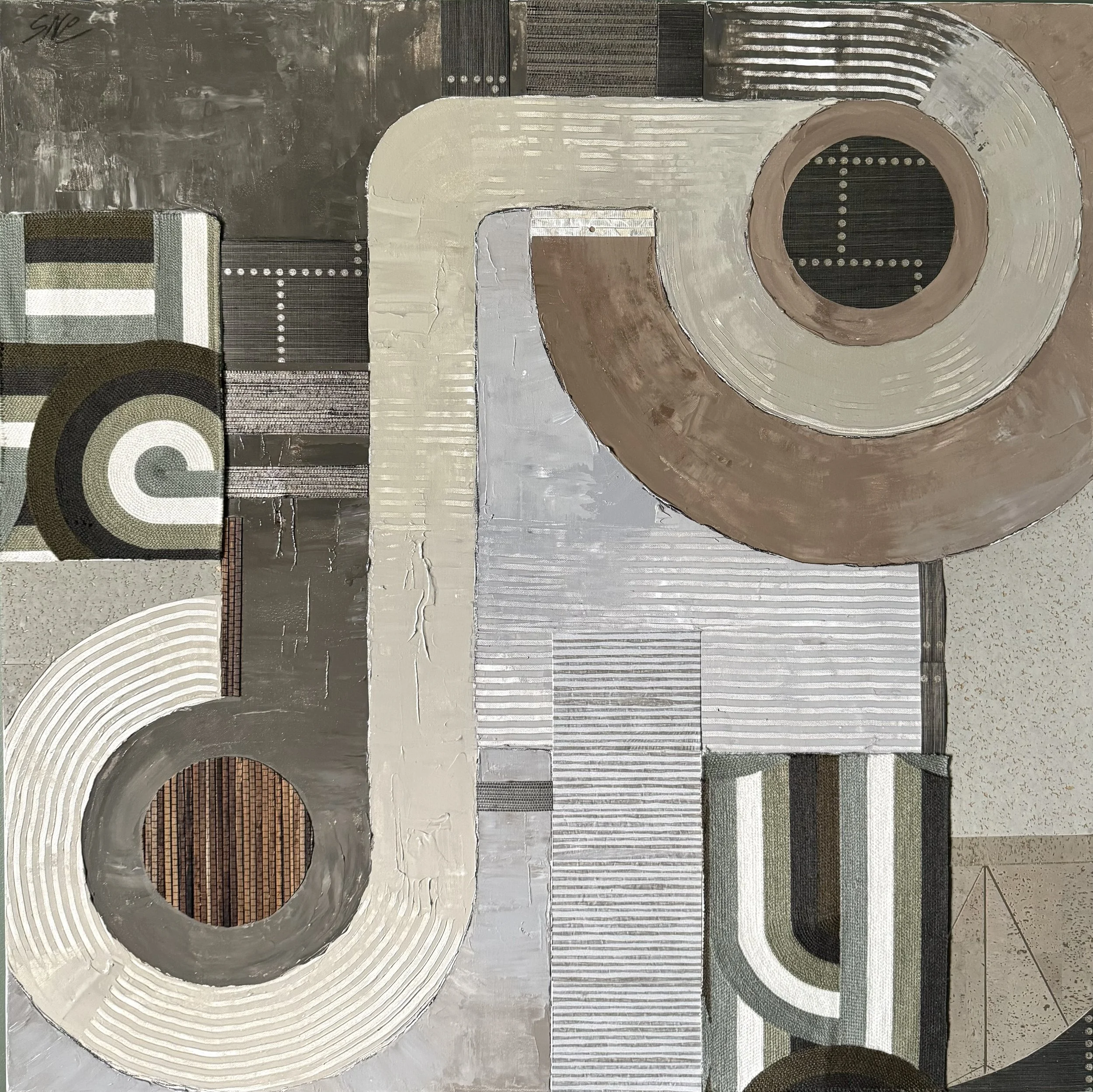 Abstract geometric painting with various shapes and patterns in earthy tones, including circles, rectangles, and lines.