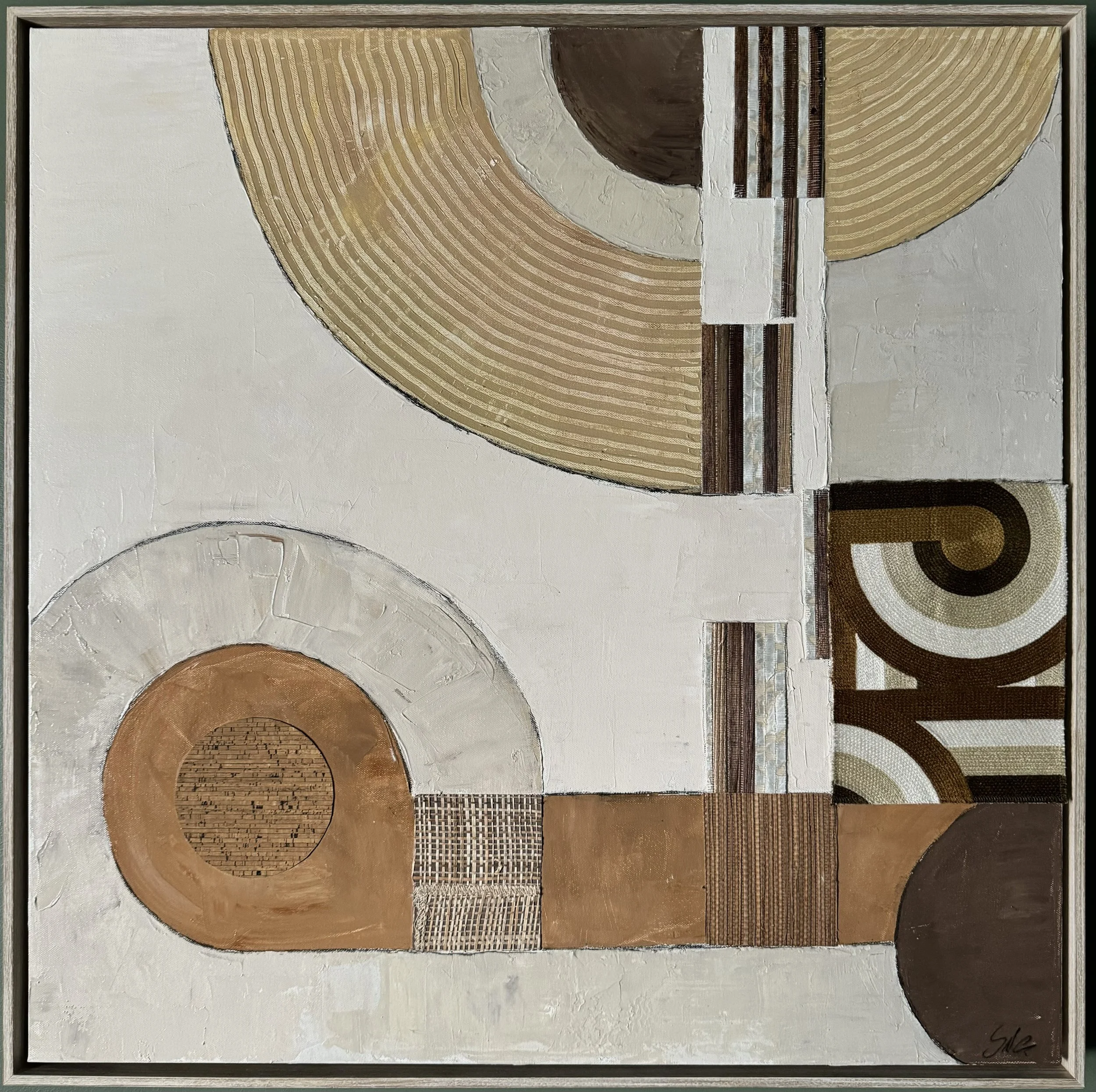 Abstract geometric painting with circles, lines, and rectangles in neutral tones including beige, brown, and white.