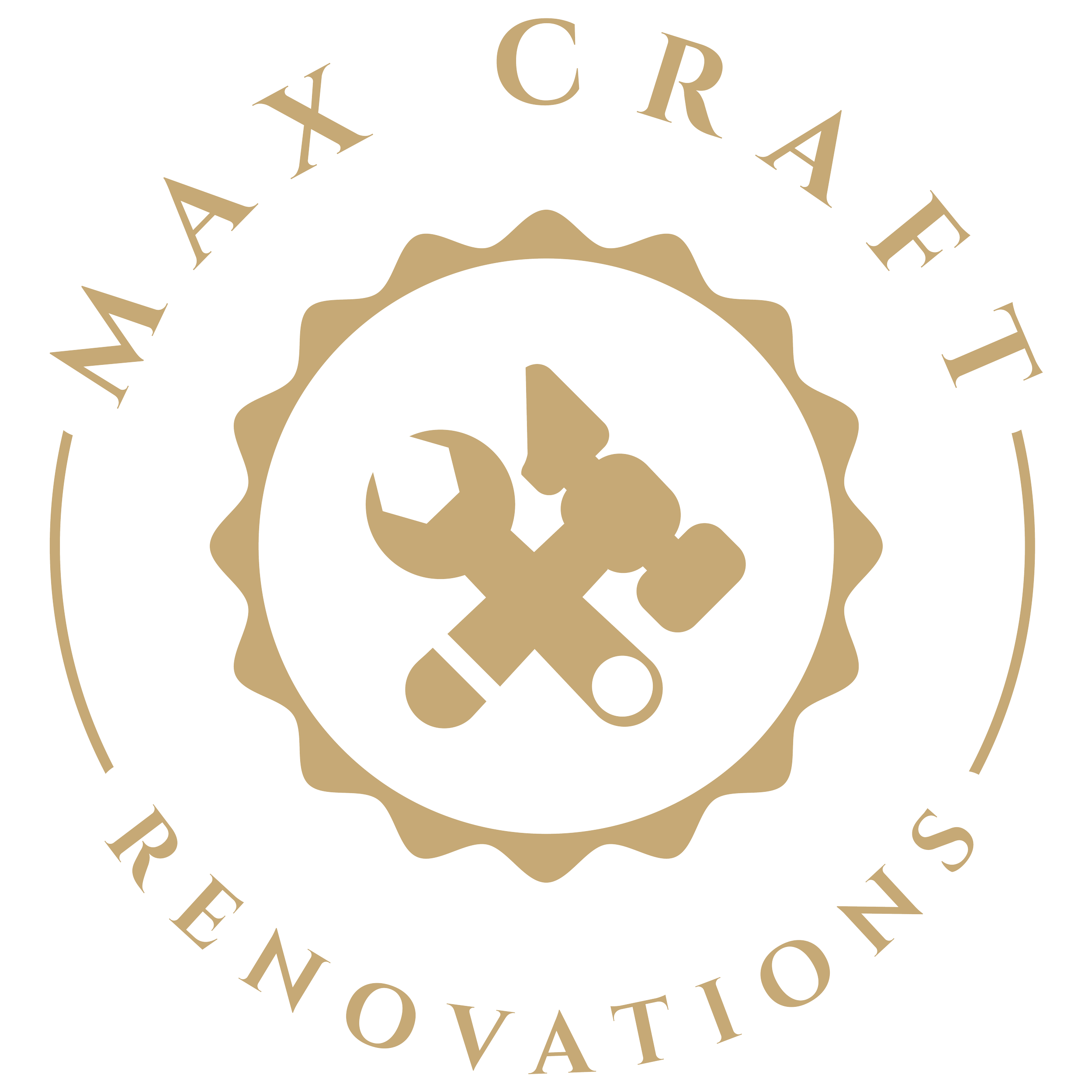 A logo featuring a wrench and hammer crossed in the center, surrounded by a circular design with the words 'Maxx Creative Renovations'.