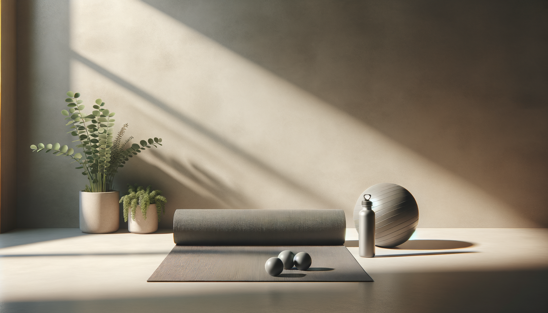 A yoga mat with three balls, a water bottle, and an exercise ball on a light-colored floor in a room with natural sunlight and shadows. Two potted plants are on the left side of the scene. Clean and minimal clinic and treatment osteopath care.