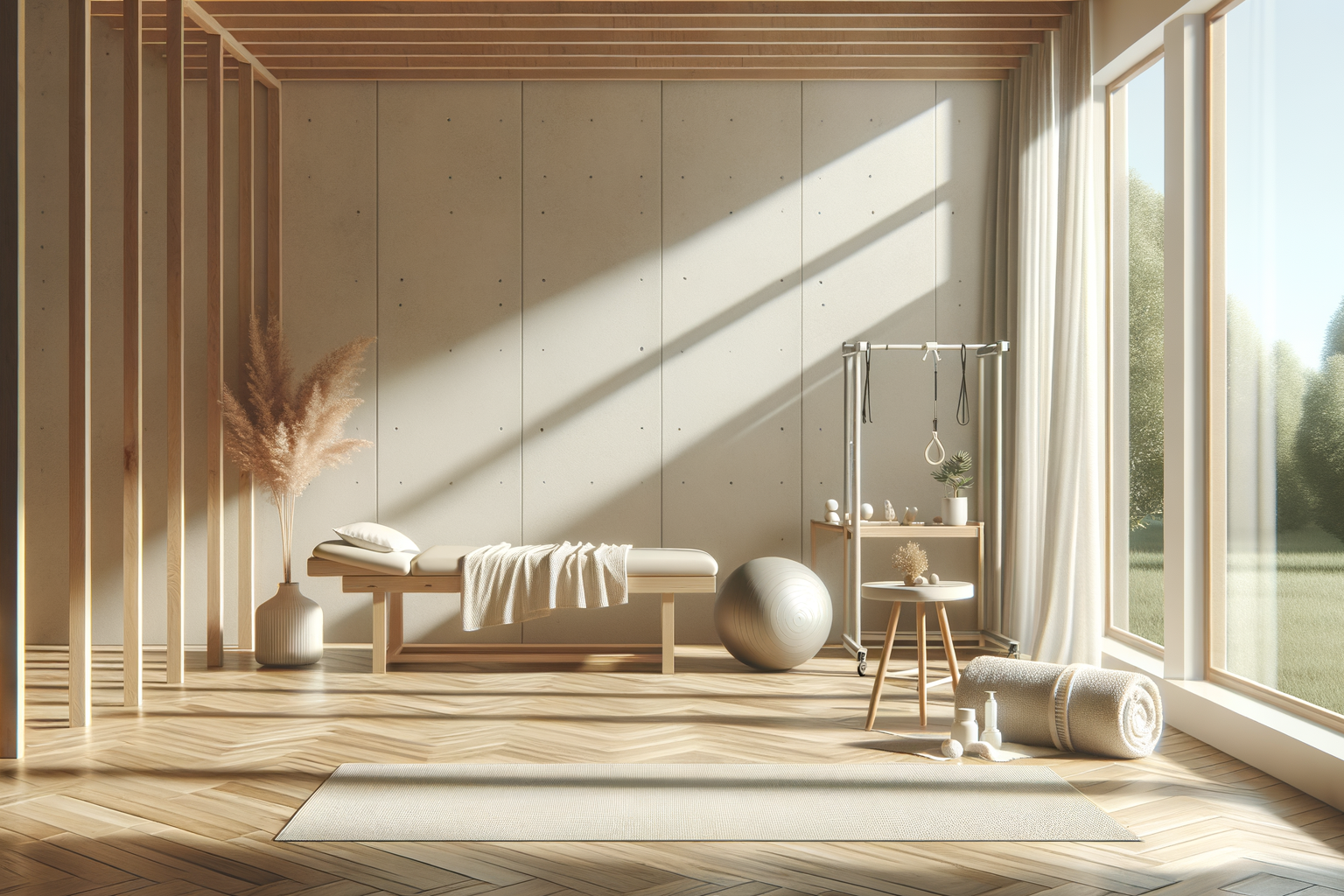 A minimalist wellness or therapy room with natural light, a massage table, yoga mat, large exercise ball, and tranquil decor. Osteopath treatment at Pillar Health Studio New Zealand.