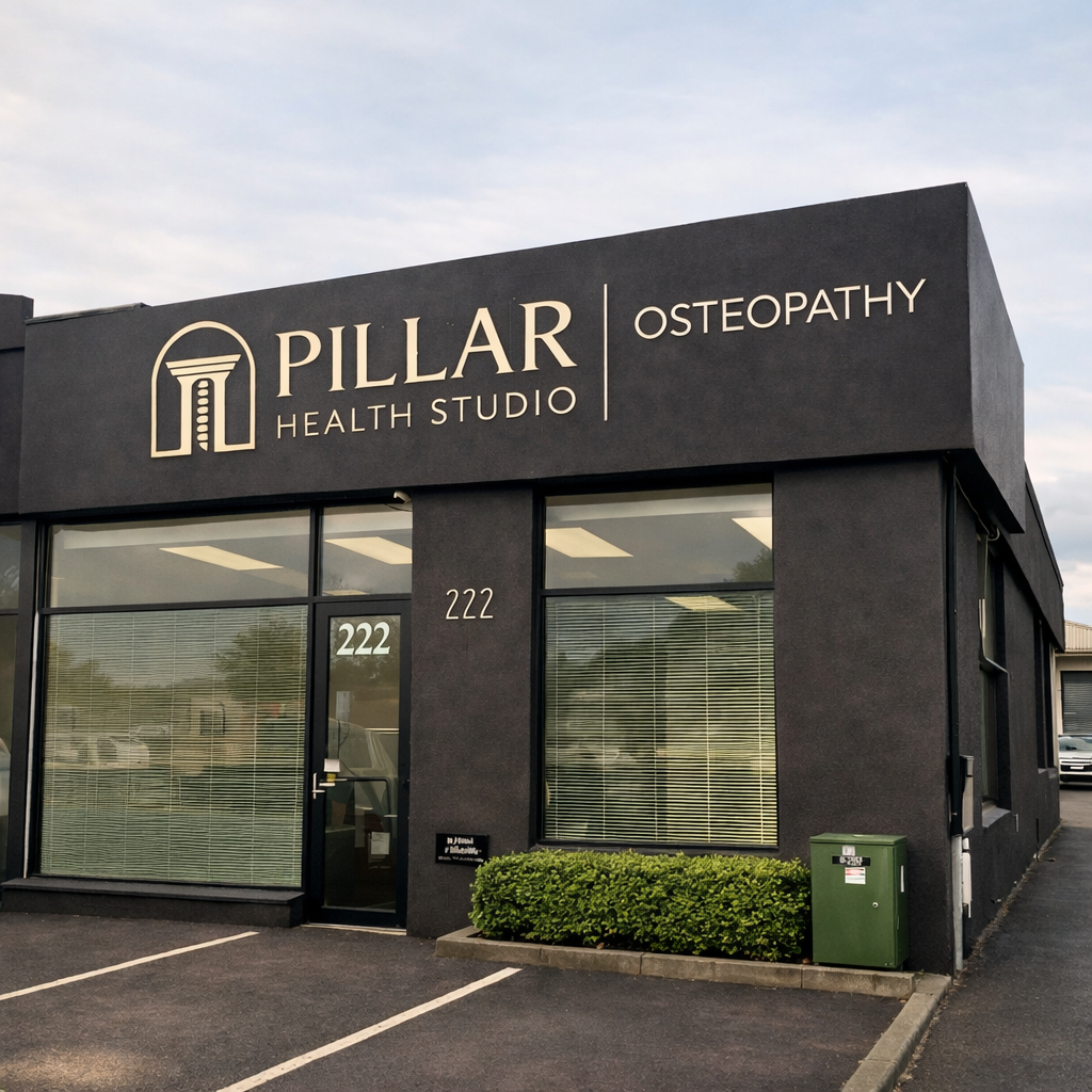 Exterior of Pillar Health Studio building with sign indicating osteopathy services, located at Hamilton New Zealand with Osteopath.