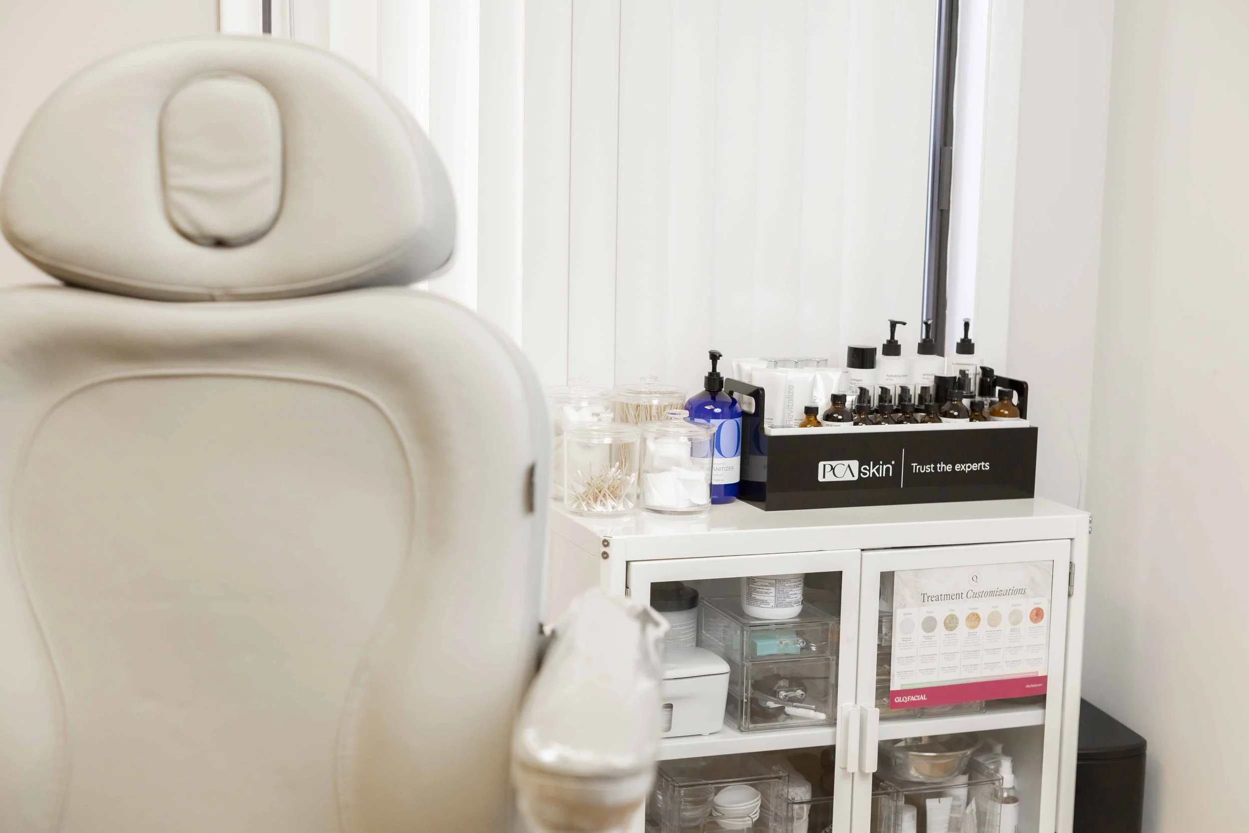 Facial treatment room and skincare products at Eleva Glow Medical Spa in Woodbridge Virginia