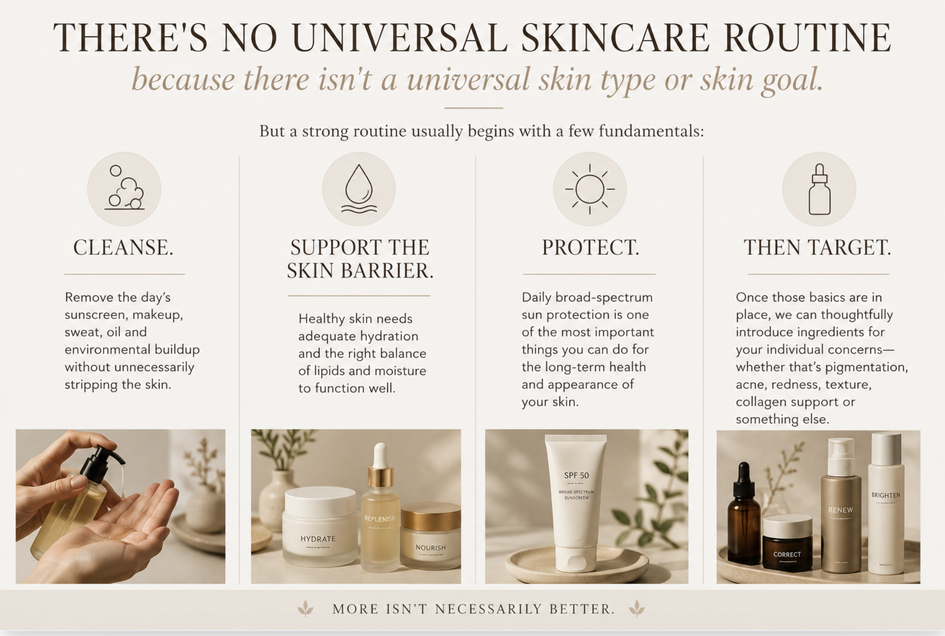 Four skincare routine fundamentals: cleanse, support the skin barrier, protect with sunscreen, and target individual skin concerns.