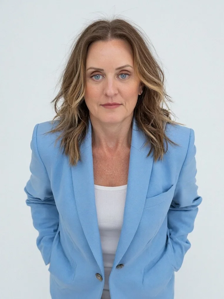 A woman with wavy brown hair and blue eyes wearing a light blue blazer over a white shirt, standing against a plain light background.
