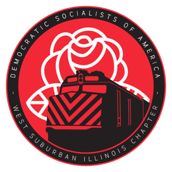 West Suburban Democratic Socialists of America logo with a train in front of a rose