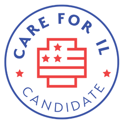 Political campaign button with the American flag and the text 'Care for Illinois Candidate' in blue and red.