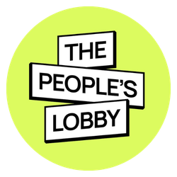 Logo with the words 'The People's Lobby' on a lime green background.