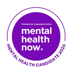 Purple circular badge with white text stating 'Powered by Inseparable Action mental health now. Mental health candidate 2026'