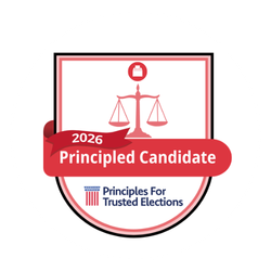 2022 Principled Candidate badge with a scale icon and Principles for Trusted Elections logo